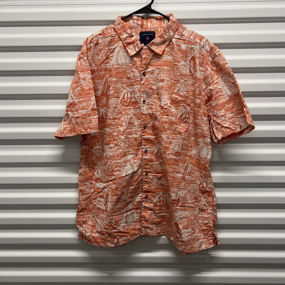 Saddlebred Mens Shirt XL 100% Cotton Orange Sailboat Nautical Short Sleeve
